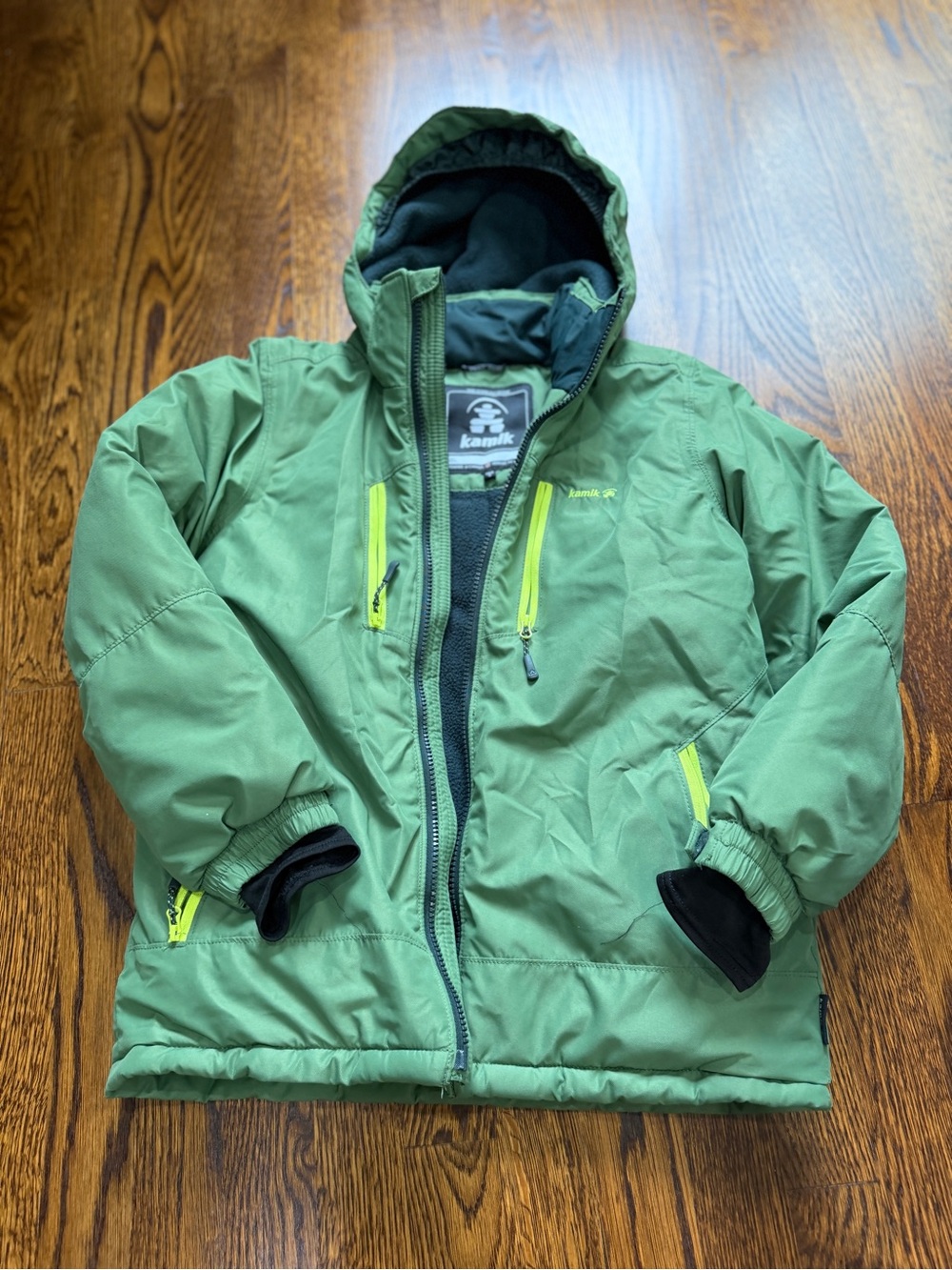 Kamik Boys Olive Green Hooded Puffer Jacket with Lime Accents, heavy for ski